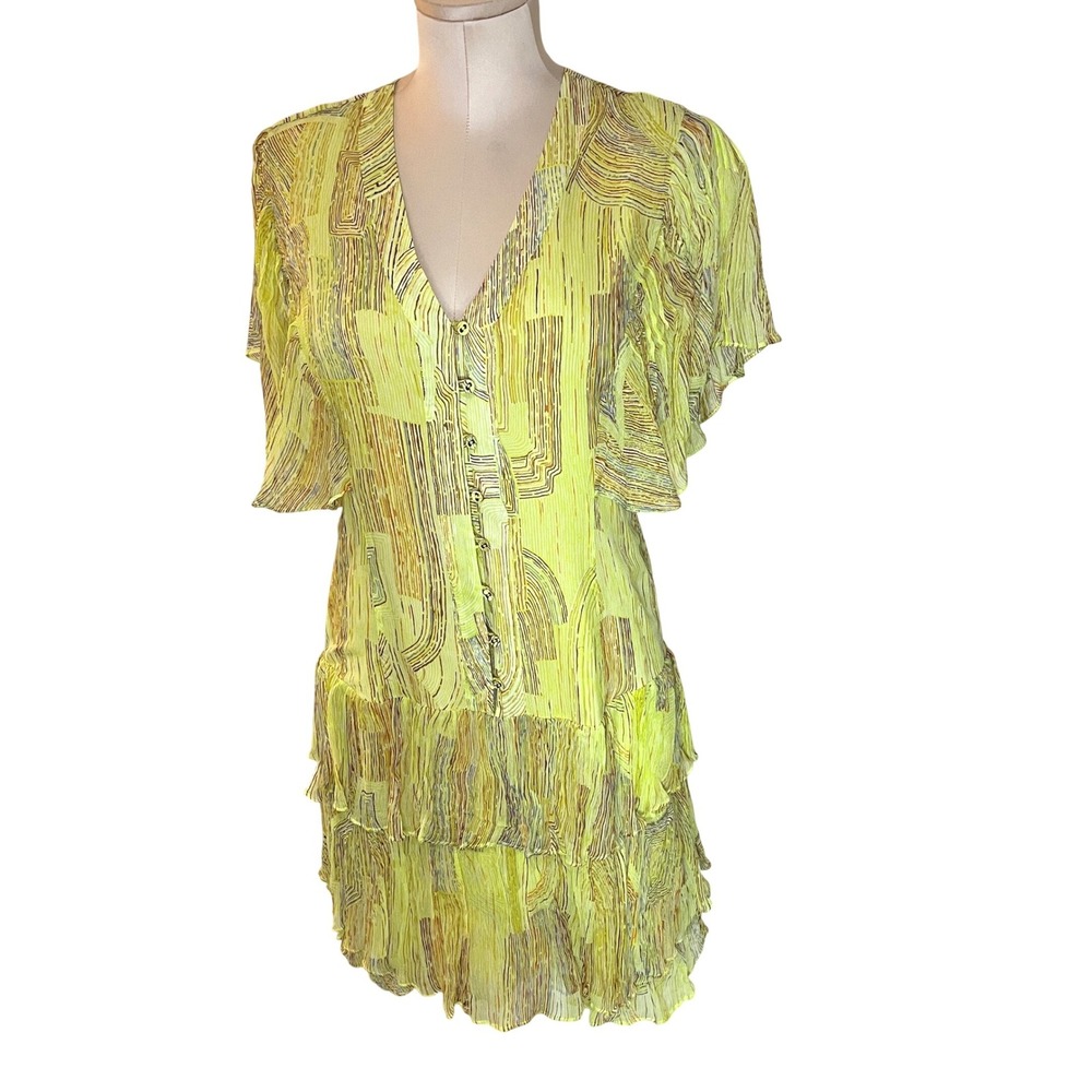 Joie Women Yellow Abstract Print Silk Blend Tiered Ruffle Mini Dress Size‎ 4